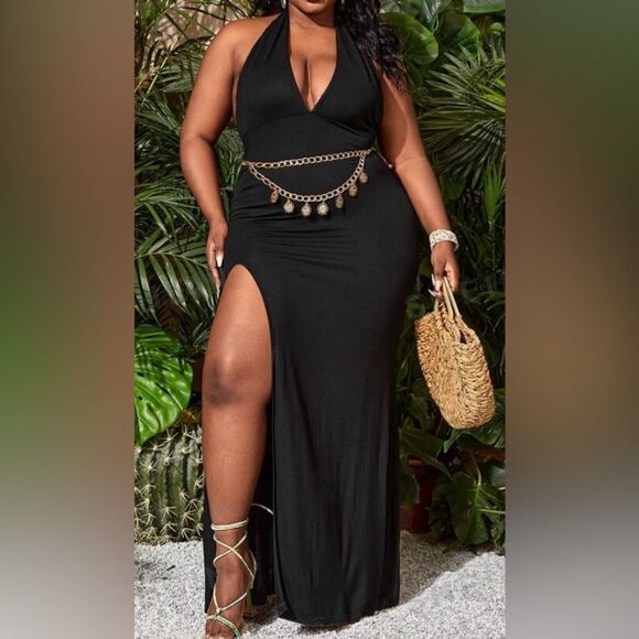 SHEIN S:XXL Black Long Halter Dress With Slit & Rhinestone Link adjustable Belt - Picture 1 of 9